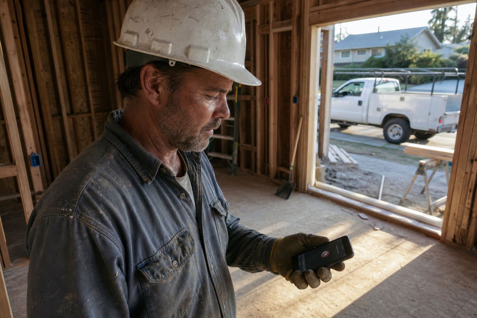 General contractor on a remodel job site checking a missed call
