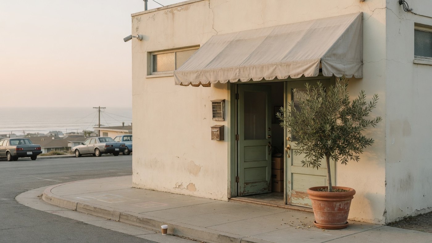 A quiet California storefront in morning light.