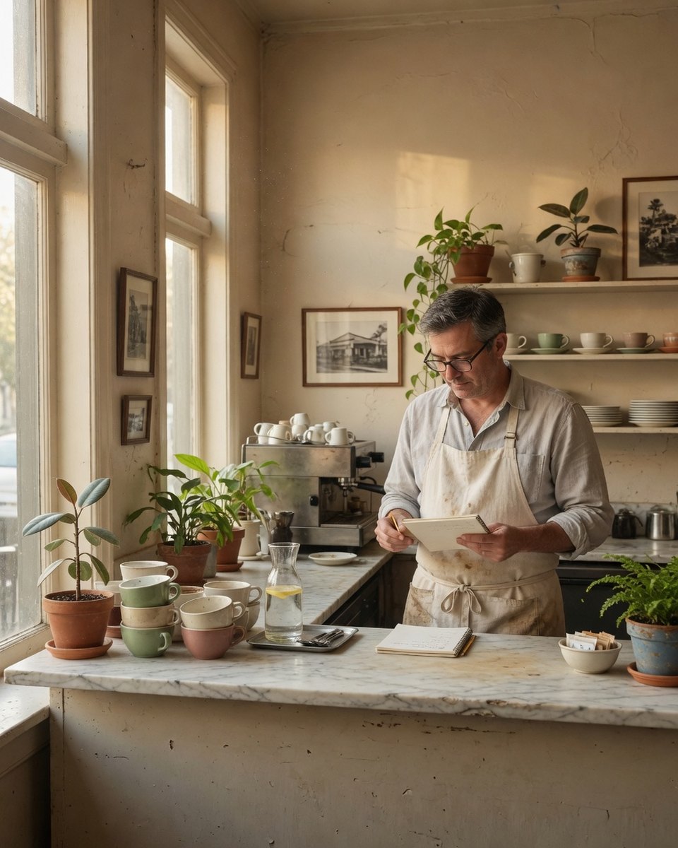 A restaurateur at a cafe counter in morning light.