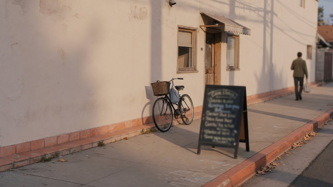 A sunlit sidewalk outside a small California shop.